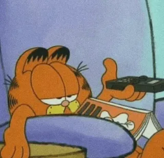 💎 be3156d4 Garfield cartoon, cat, orange, television, remote, lasagna telegram sticker