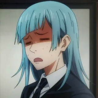 🪵 95560bba 动漫, 漫画, 角色, 表情, 蓝发, 西装, 汗 telegram sticker