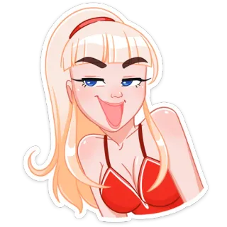🤪 dbd52eeb wanita, pirang, menyeringai, atasan merah, kartun, stiker, perempuan telegram sticker