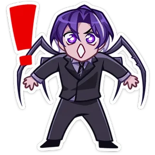❗ 3a576881 наклейка, аниме, чиби, паук, восклицательный знак, фиолетовые волосы, испуганный, злой telegram sticker