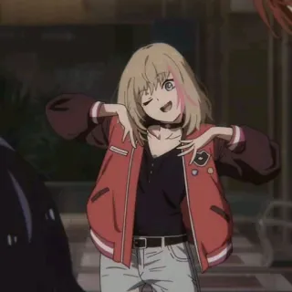 😜 44c3b21f Anime, Garota, Piscadela, Loira, Jaqueta vermelha telegram sticker