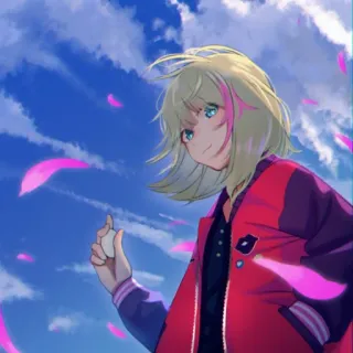 🙃 cc81888a Anime, Pétalas rosa, Cabelo loiro, Jaqueta, Céu, Personagem, Mangá telegram sticker