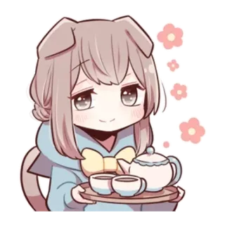 🦋 febe4554 Чиби, Аниме, Милый, Чай, Каваий, Собака, Цветы, Иллюстрация whatsapp sticker