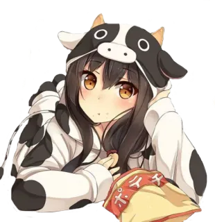 👀 3975d8d4 anime girl, cow costume, kawaii, cute, snack, food whatsapp sticker