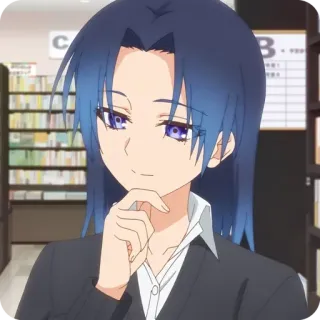 🤔 7e4a92e5 Anime, Charakter, Frau, lila Augen, Bücherregal, Anzug whatsapp sticker