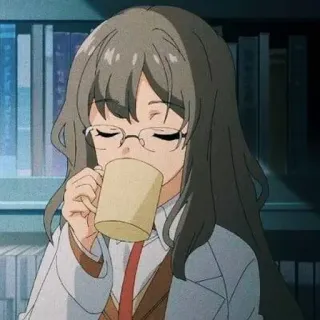 💈 128989ad anime, girl, drinking, coffee, glasses, bookshelf whatsapp sticker