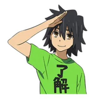 🖖 cd8c6c00 了解 anime, boy, salute, green shirt, understanding, chinese characters telegram sticker