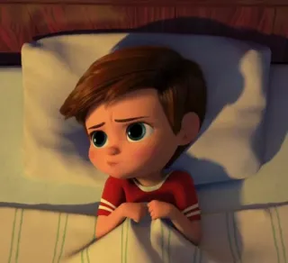 😞 5528c4ce Tim Templeton The Boss Baby анимированный, мультфильм, ребенок, грустный, спальня, подушка, одеяло telegram sticker