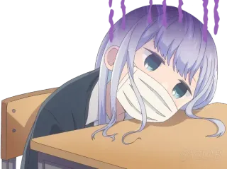 😵 8c31eec3 Anime, Mädchen, müde, krank, Maske, Schule, Schreibtisch telegram sticker