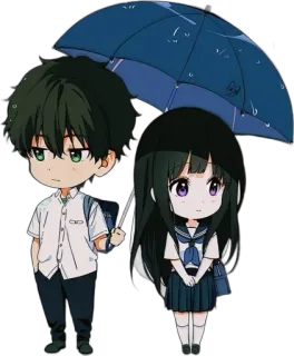 ☂ 74ace0ae Anime, Chibi, Guarda-chuva, Casal, Uniforme escolar, Desenho animado, Fofo telegram sticker
