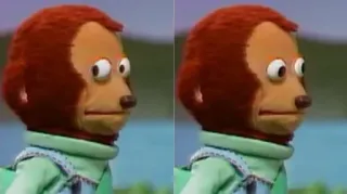 👀 a1ab6002 małpa, kukiełka, mem, niezręczny, spojrzenie z ukosa, reakcja telegram sticker