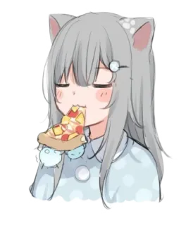 🍕 b6408ace cô gái anime, tai mèo, ăn, pizza, dễ thương, kawaii telegram sticker