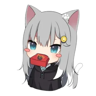 ☺️ cb54be18 Pocky Anime, Cô gái, Tai mèo, Pocky, Đồ ăn vặt, Kawaii, Chibi telegram sticker