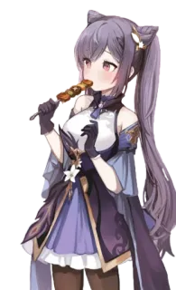 🍢 1ec89511 Keqing Genshin Impact 애니메이션, 비디오 게임, 보라색 머리, 귀여운, 먹는 telegram sticker