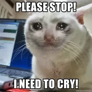 😏 36ce6d5a PLEASE STOP!
I NEED TO CRY! gato, llorando, meme, triste, alto, humor, internet telegram sticker