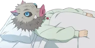 😞 780ae40a Inosuke Hashibira Demon Slayer Anime, Demon Slayer, Inosuke, Personaje, Acostado, Cama telegram sticker