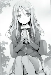 🤔 48cd23fc Anime-Mädchen, Schuluniform, Sitzend, Kawaii, Innenbereich, Monochrom telegram sticker