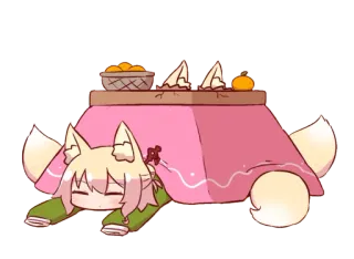 😙 703e6e28 anime, kawaii, cute, animal, fox, kotatsu, chibi, sleepy telegram sticker