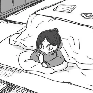 🐱 9d9b940f จิบิ, การ์ตูน, คน, นั่ง, ผ้าห่ม, ในร่ม telegram sticker