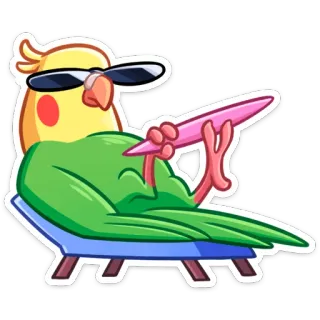 😎 7d6779a9 papuga, ptak, opalanie, okulary przeciwsłoneczne, lato, plaża, relaks, kreskówka telegram sticker