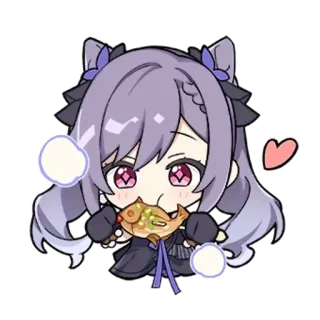 🐟 438b2ae0 Keqing Genshin Impact 애니메이션, 게임, 귀여운, 치비, 먹는, 물고기 telegram sticker