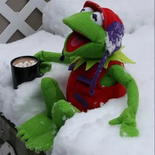 ❄️ 6cff31e5 Kermit Kermit la Rana, rana, inverno, neve, cioccolata calda, carino, burattino telegram sticker