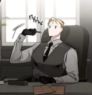 🤘 499c59f5 пуньк man, suit, office, desk, sitting telegram sticker