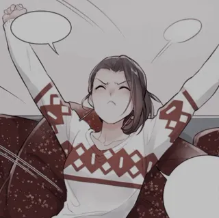 🍢 43e223a4 donna, cartone animato, maglione, divano, assonnato, svegliarsi whatsapp sticker