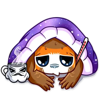 🤒 9cd6cd44 krank, unwohl, Faultier, süß, traurig, Cartoon, Thermometer, Kaffee telegram sticker