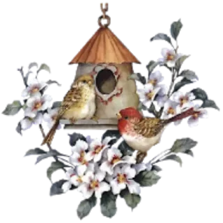 Ⓜ️ 0a083c5e ptaki, budka dla ptaków, kwiaty, natura, wiosna whatsapp sticker