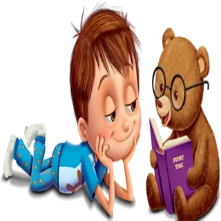 Ⓜ️ 153e5488 STORY TIME chłopiec, pluszowy miś, opowieść, czytanie, kreskówka, dziecko whatsapp sticker
