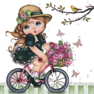 Ⓜ️ 329d4a00 dziewczyna, rower, kwiaty, kreskówka, słodki, grafika cyfrowa whatsapp sticker