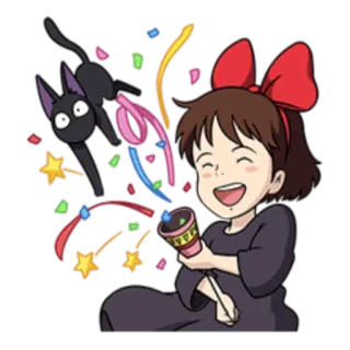 🎉 fda89747 Kiki Kiki's Delivery Service kiki, cat, anime, girl, ribbon, black cat, confetti telegram sticker