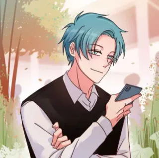 💌 329ad537 アニメ, 男, 青髪, セーターベスト, 電話, 笑顔 telegram sticker