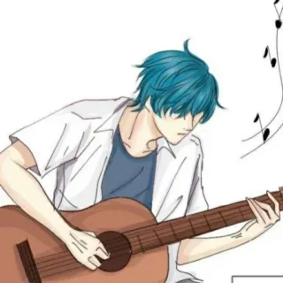🦕 bcfaadac gitara, muzyka, piosenka, niebieskie włosy, mężczyzna, muzyk, nuty telegram sticker