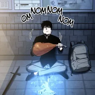 📱 6f6f8877 OM NOMNOM NOM eating, meat, man, sitting, sword whatsapp sticker