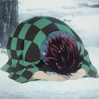 🔪 4f6673bd Tanjiro Kamado Demon Slayer อนิเมะ, ดาบพิฆาตอสูร, ทันจิโร่, เศร้า, หิมะ, คำนับ telegram sticker