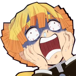 😱 16855235 Zenitsu Agatsuma Demon Slayer Anime, Demon Slayer, Zenitsu, ketakutan, reaksi, rambut kuning telegram sticker