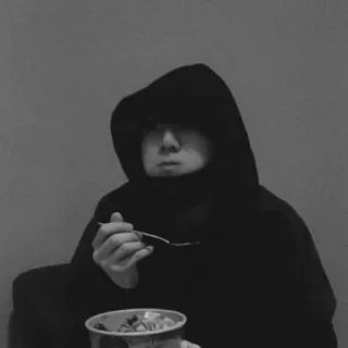⛓️ c2e8d77b eating, food, hood, person, black and white whatsapp sticker