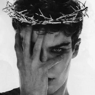 😐 ab032220 vương miện gai, tôn giáo, nghệ thuật, chân dung, người đàn ông, thang độ xám, tượng trưng telegram sticker