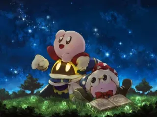 👨‍👨‍👦 136782f8 Kirby video game, karakter, imut, bintang, malam, rumput telegram sticker
