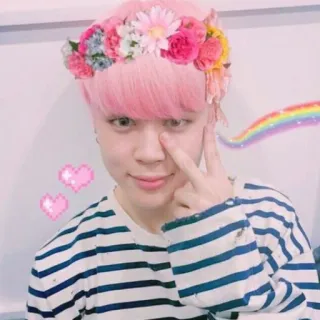 😍 49f5db9d Jimin jimin, kpop, bts, corona di fiori, segno di pace, capelli rosa whatsapp sticker