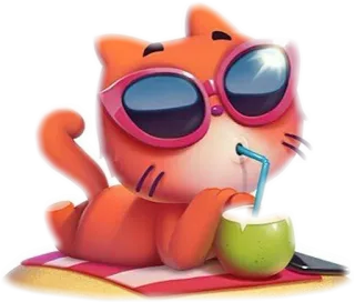🐈 39915331 cat, beach, sunglasses, vacation, cartoon, coconut, drink, summer, chill, relaxation telegram sticker