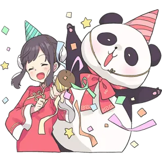 🥳 240fcd4c 派对, 庆祝, 熊猫, 女孩, 彩带, 可爱, 卡通 telegram sticker