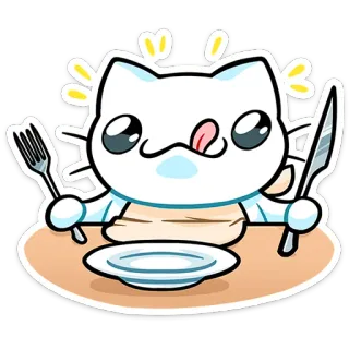 ⭐ 8234bb5f gato, comendo, comida, mesa, faminto, garfo, faca whatsapp sticker