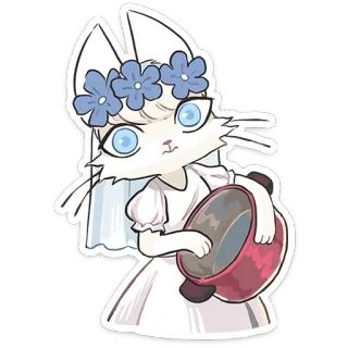 🐱 3c2e9c0d кот, животное, венок из цветов, милый, мультик, тамбурин, белый, платье whatsapp sticker