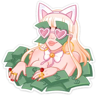 🤑 58c5156b 猫耳朵, 钱, 爱心眼镜, 金发, 闪亮, 现金, 娃娃, 财富 telegram sticker