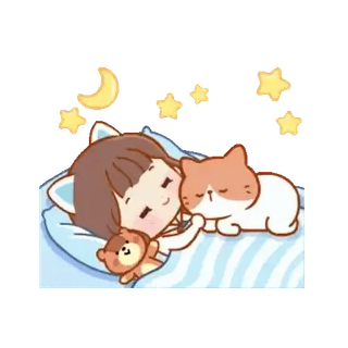 🐈 edd164f4 sommeil, chat, ours en peluche, lune, étoiles, mignon telegram sticker