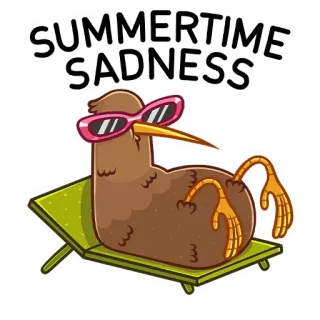 😎 43708135 SUMMERTIME SADNESS kiwi, oiseau, lunettes de soleil, chaise de plage, été, tristesse, dessin animé, détente, relaxant whatsapp sticker