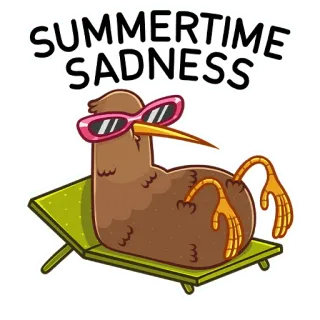 😎 0bd8ad44 SUMMERTIME SADNESS kiwi, chim, mùa hè, buồn bã, kính râm, bãi biển, thư giãn telegram sticker